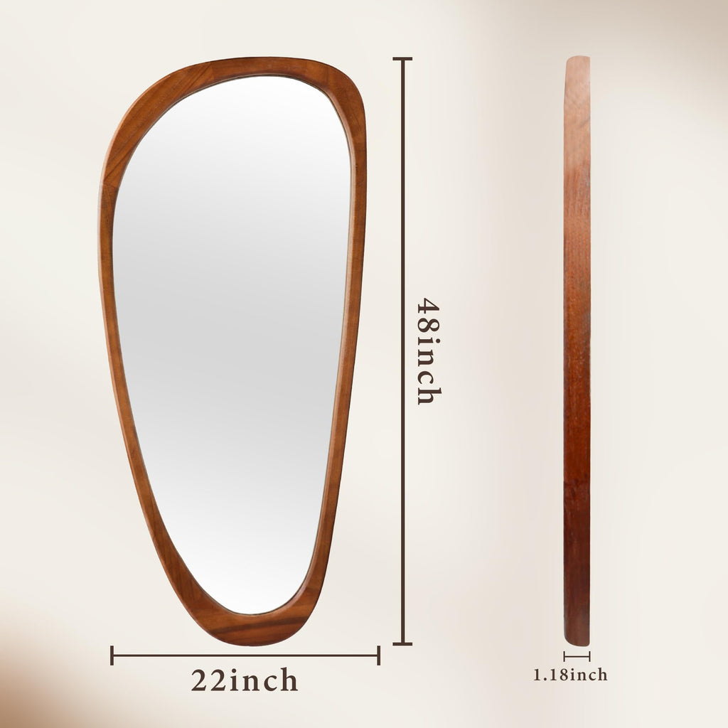 22''x48'' Asymmetrical Mirror with Wood Frame, Small Irregular Wall Odd Shaped Mid Century Modern Mirror Christmas