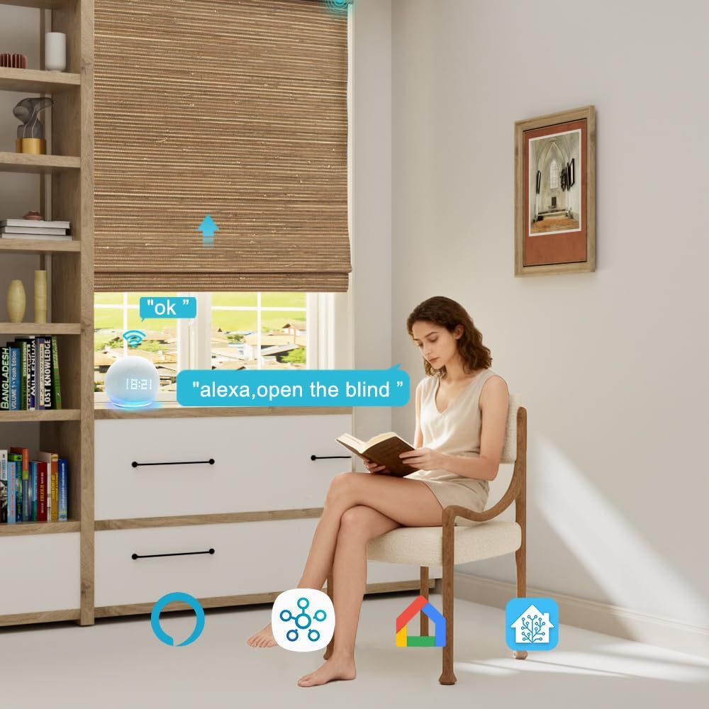 Motorized Bamboo Roman Blinds with Remote, Woven Roman Shades Compatible with Alexa Google Home, Automatic Bamboo