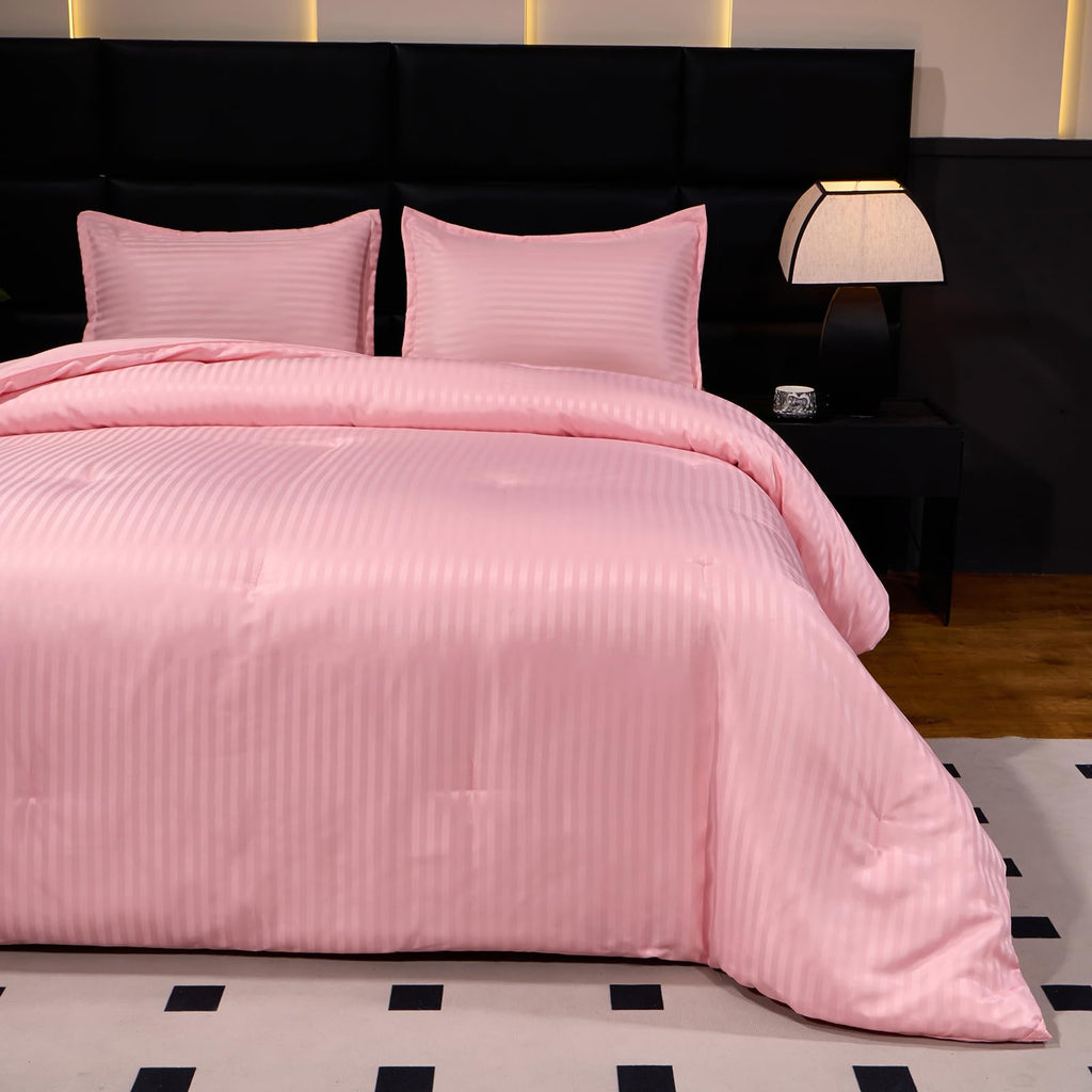 Pink Comforter Set Damask Striped Hotel Bedding Set