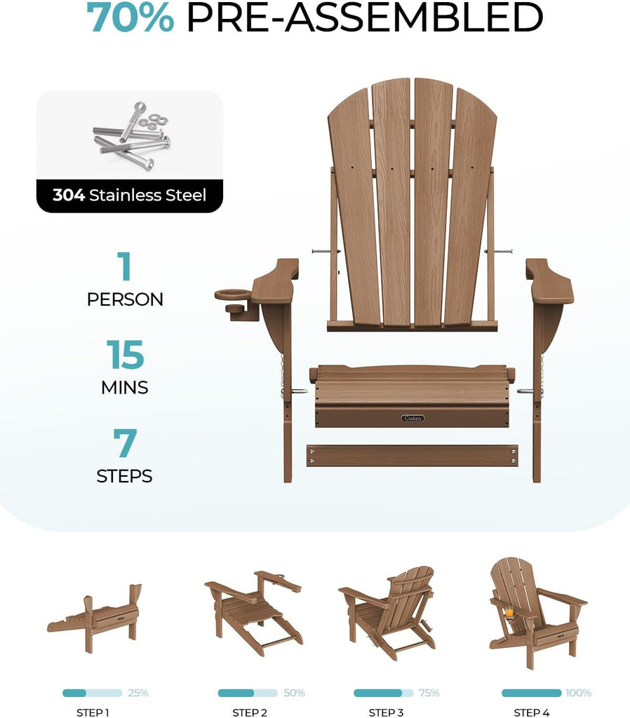 Folding Adirondack Chair 2 Pack, Patio Adirondack Chair Weather Resistant, Plastic Fire Pit Chair with Cup Holder