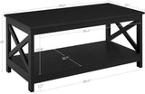 Wood 2-Tier Black Coffee Table with Storage Shelf, X Design Accent Cocktail Table, Easy Assembly Home Furniture