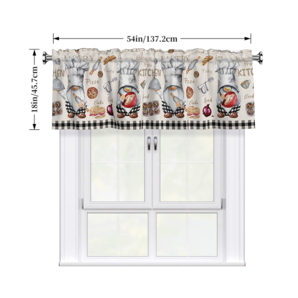 Chef Gnome Kitchen Valance, Black White Buffalo Plaid Short Curtains for Windows, Cooking Utensils Decoration Cafe