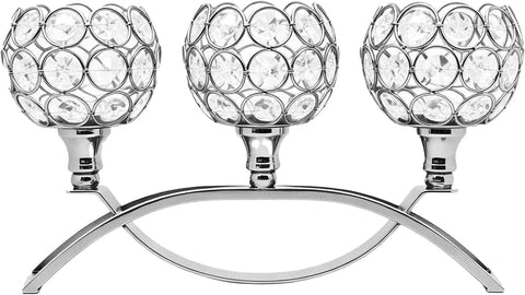 3-Arm Arched Crystal Candelabra, Sliver Candle Holder Table Centerpiece, Dining, Party, Thanksgiving & Christmas