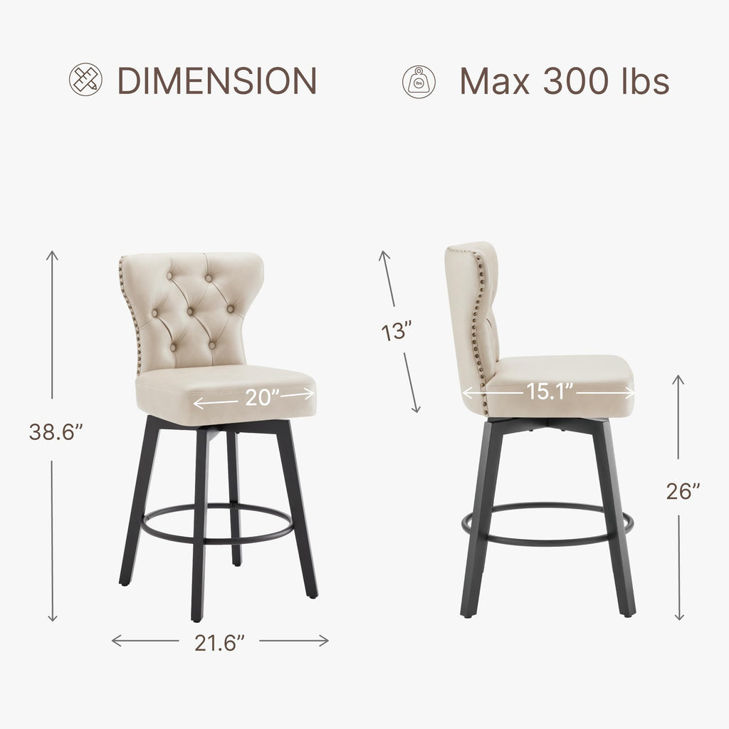 Counter Height Barstools 26 inch Upholstered Button Tufted Swivel Bar Stools with Back and Wood Legs Island, Set of