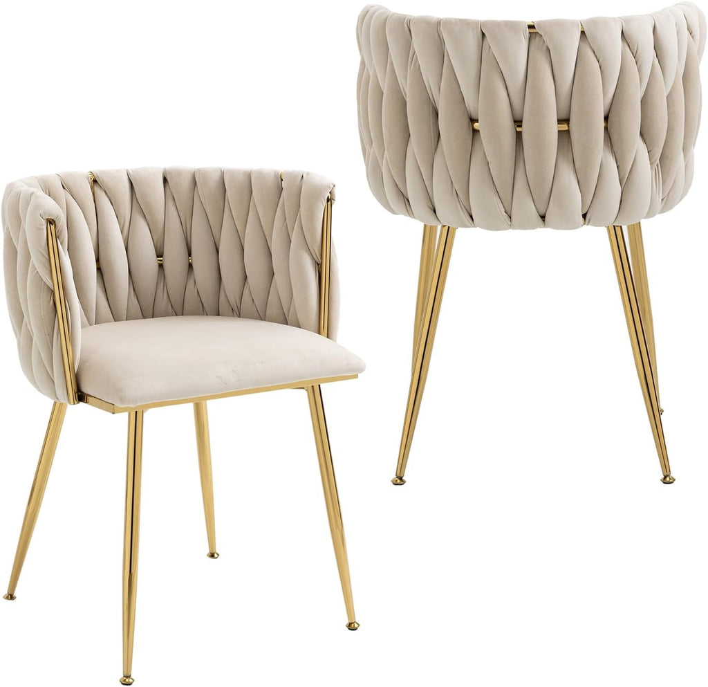 Woven Velvet Dining Chairs Set of 2, Upholstered Accent Chairs with Gold Metal Legs, Modern Dining Room Chairs