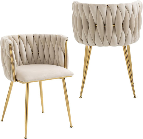 Woven Velvet Dining Chairs Set of 2, Upholstered Accent Chairs with Gold Metal Legs, Modern Dining Room Chairs