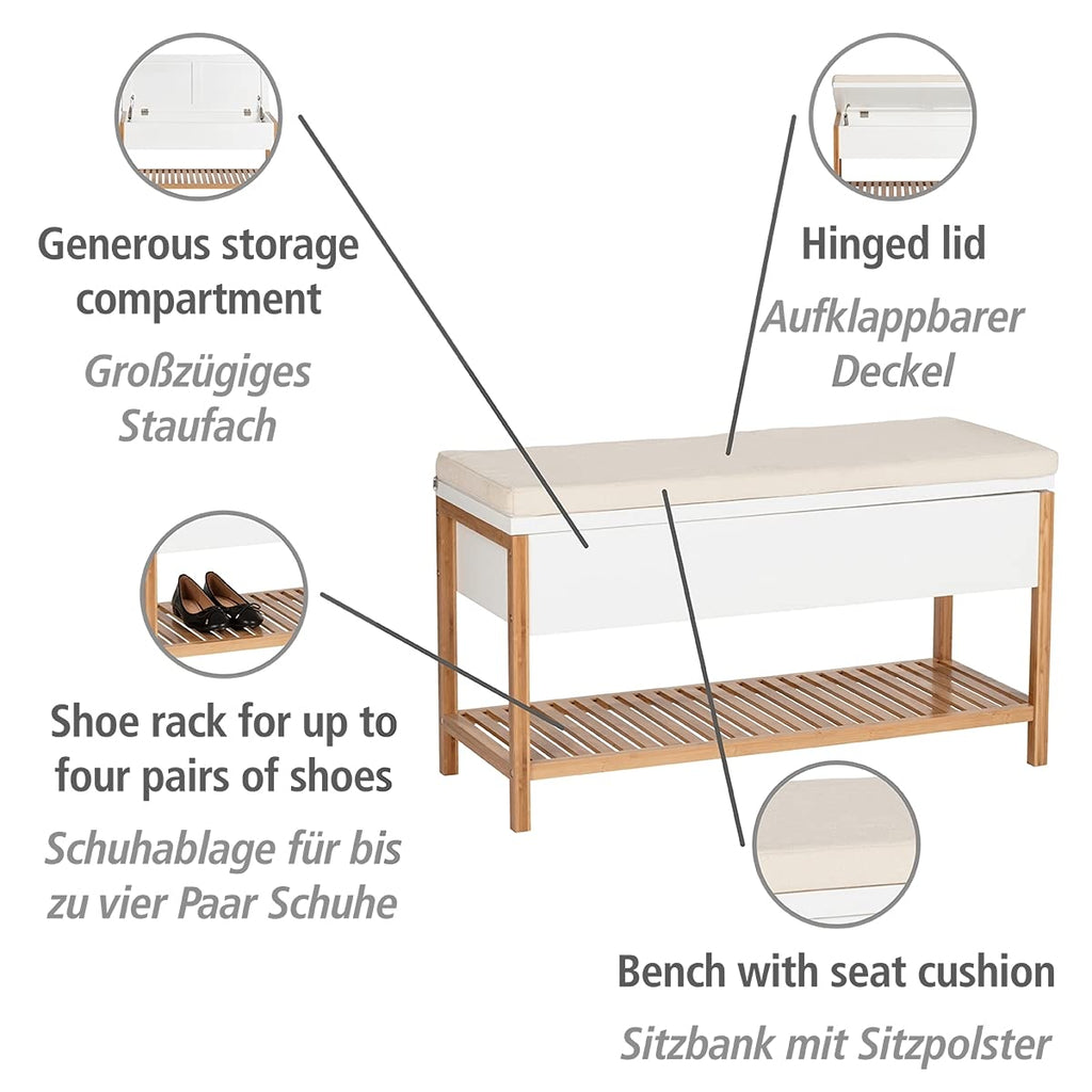 Shoe Bench with Storage Compartment Model Finja, Bench with Seat Padding, Storage Space and Shoe Rack in Scandi Chic