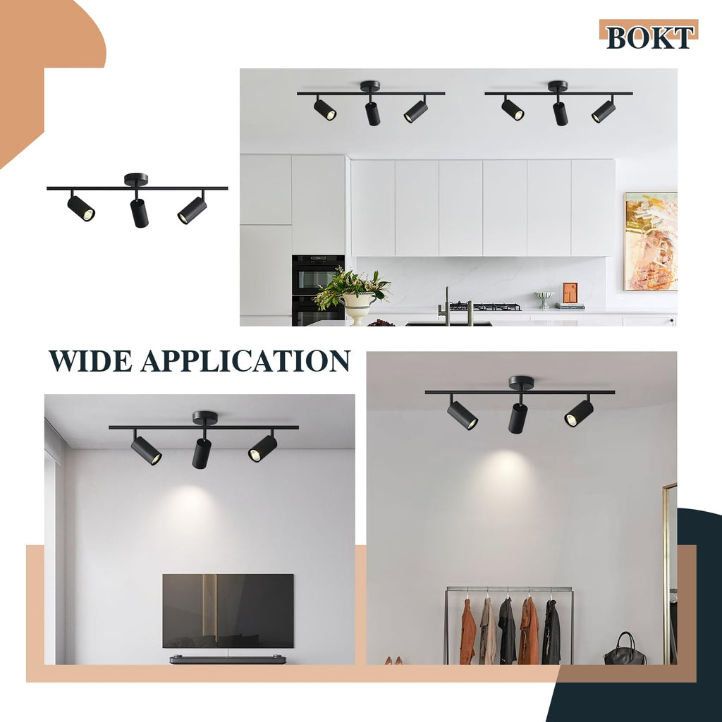 Modern Matte Black 3 Lights Adjustable LED Track Lighting Kits Industrial 3 Ways Flush Mount Ceiling Spotlights