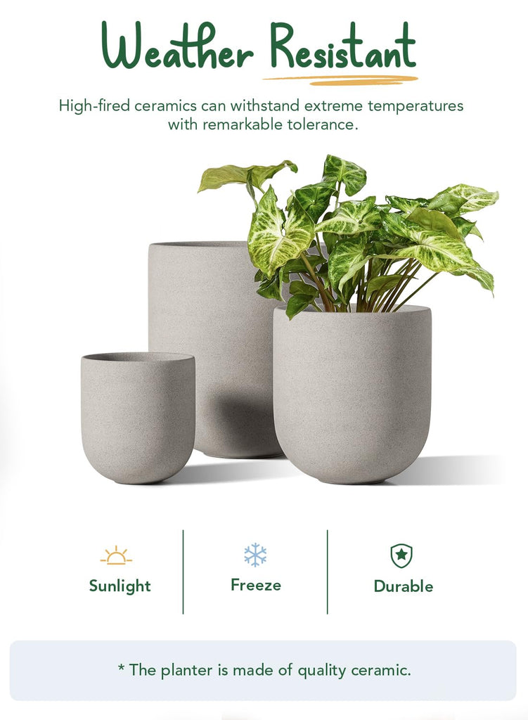 6, 8 & 10 Inch Ceramic Planter Set for Indoor Plants, Neutral Gray
