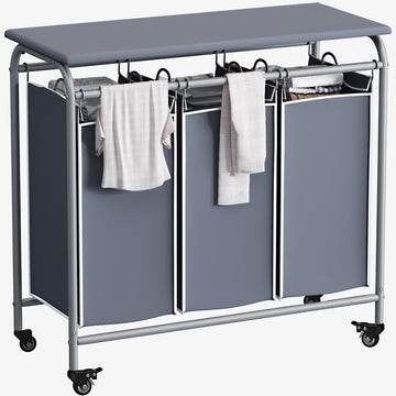 3 Bags Laundry Basket Sorter, Grey 135L Laundry Hamper, Ironing Board