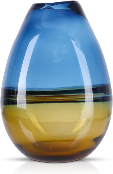 11.8in H Hand Blown Glass Vase,Murano Style Blue and Amber Gradient Sea Art