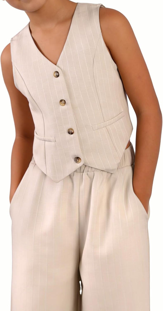 Two Piece Outfits, Kids Vest And Wide Leg Pants Set, Back to School Outfits for Girls