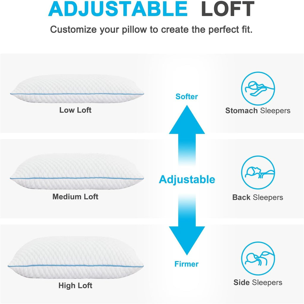 Cooling Shredded Memory Foam Bed Pillows, King Size, Set of 2, 20 x 36 in | Adjustable Firm, Supportive, Breathable
