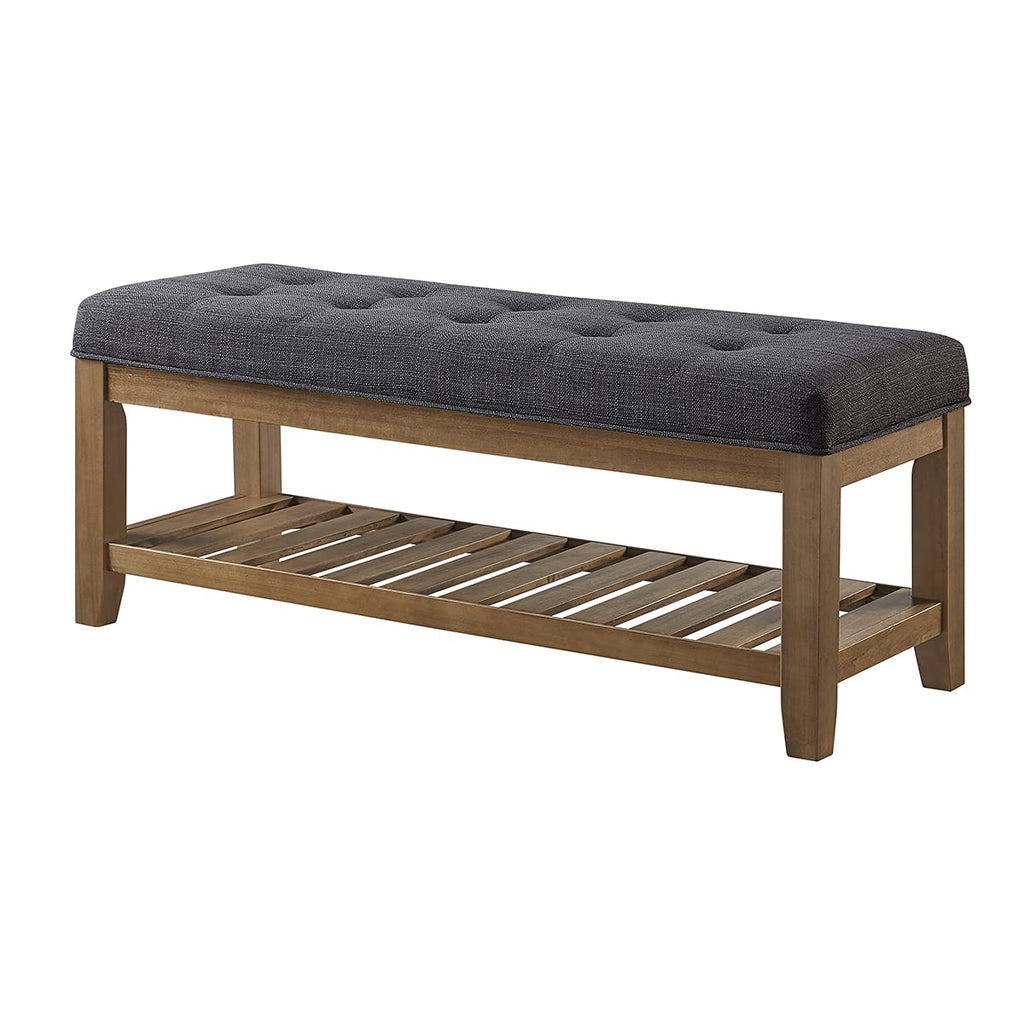Large Rectangular Upholstered Tufted Linen Fabric Ottoman Bench, Padded Bench with Solid Wood Shelf-Charcoal