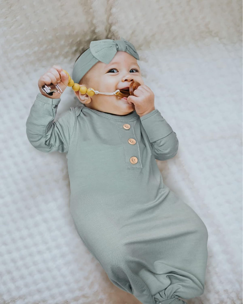 Newborn Baby Knotted Gown, Super Soft Silky Infant Long Sleeve Sleeper with Tie Bottom, Baby Girl and Boy Sleep Gown