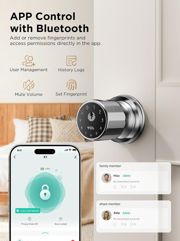 Fingerprint Smart Door Knob, 0.3s Biometric Keyless Entry, 4-in-1 Access with App Control & Passcode, Auto-Lock