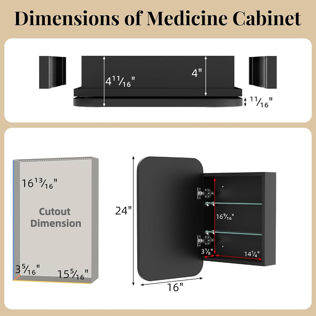 16x24 Inch Medicine Cabinet with Mirror, Rounded Corner, Black | Fully Assembled, Recessed or Surface Mount Metal