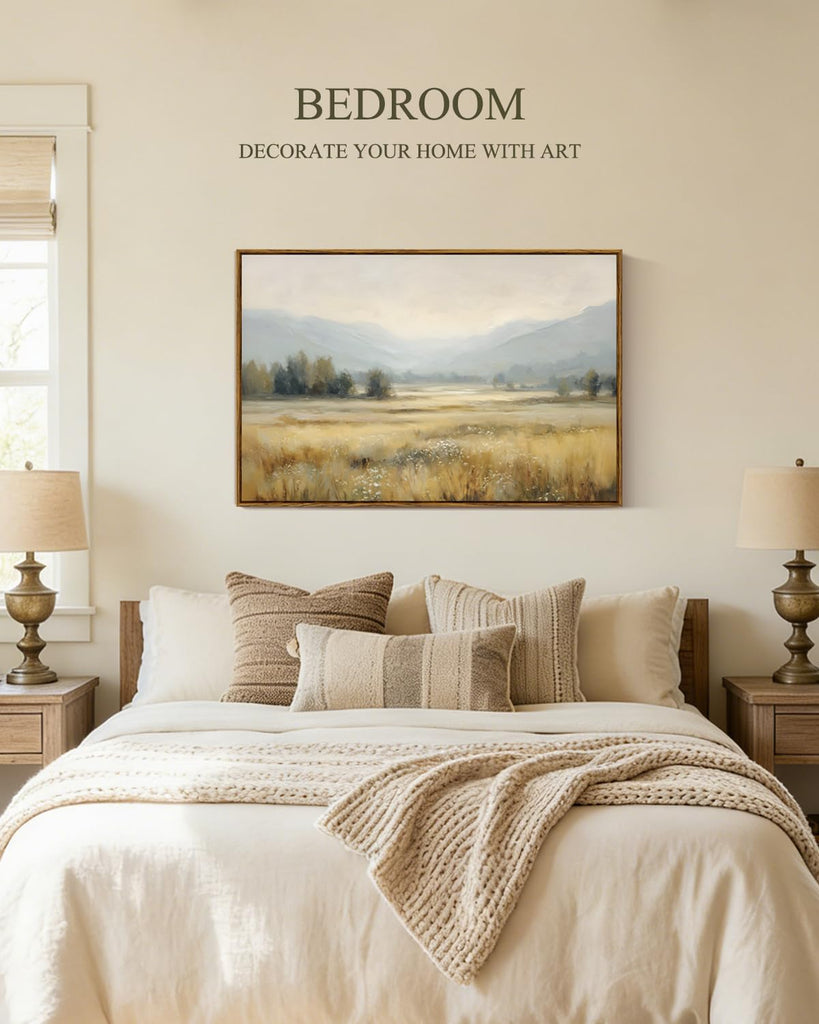 Large Vintage Landscape Canvas Wall Art, Neutral Landscape Wall Art, 24x36 Inch Framed Canvas, Misty Mountain Meadow