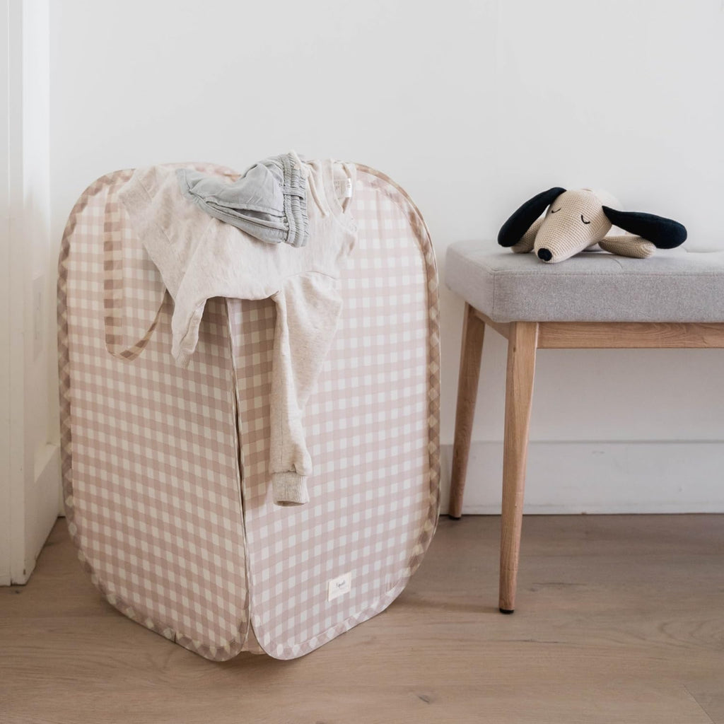 Pop Up Hamper, Collapsible Laundry Basket, Gingham Beige