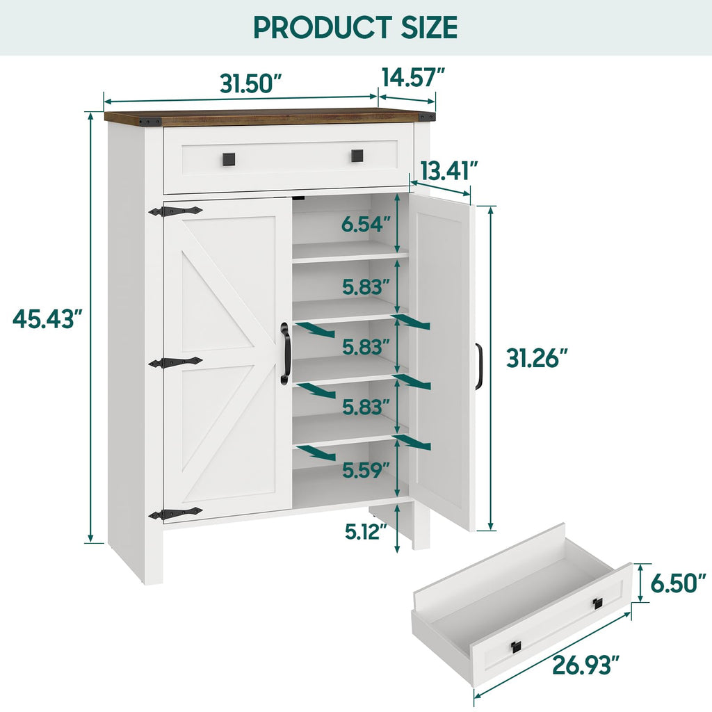 Shoe Storage Cabinet, 5-Tier Farmhouse Shoe Cabinet with Adjustable Shelves & Drawer, Wooden Shoes Rack Cabinets