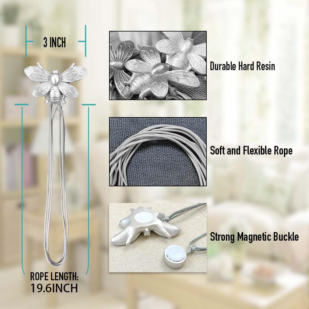 Curtain Holdbacks Set of 2, Gift, Resin Magnetic Curtain Tiebacks Silver Flying Bee Curtain Holders, Decorative