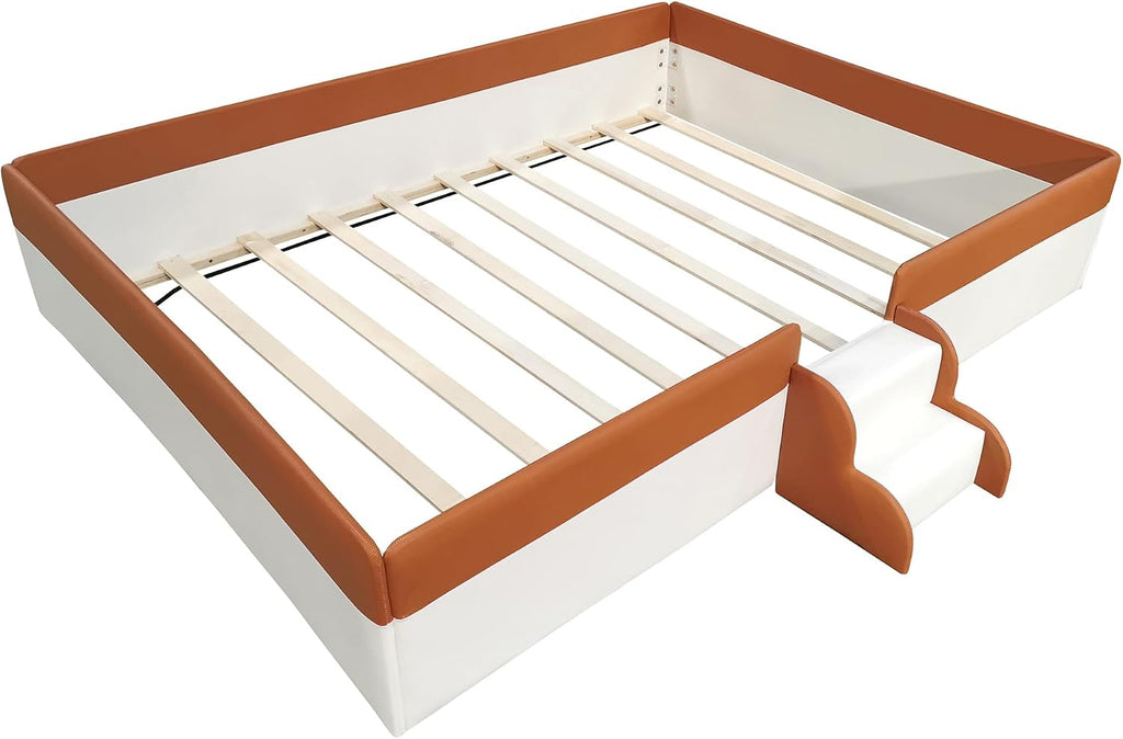 Queen Size Kids Floor Bed, Daybed Frame with Fence & Stairs, Upholstered Wood Bed , Brown+White