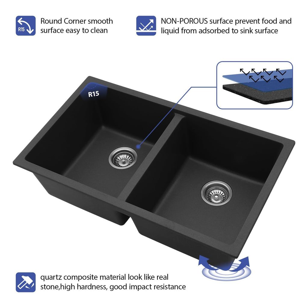 33 Black Granite Composite Kitchen Sink - 33"x19"Double Bowl Undermount Kitchen Sink Double Basin 50/50 Matte Black