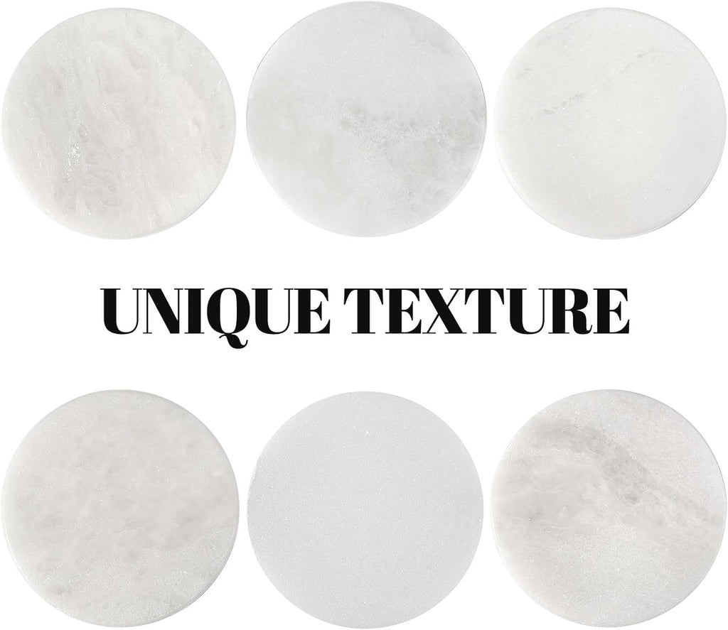 White Marble Coasters for Coffee Table, 3.9" Inches Handmade Round Coaster, Luxury Aesthetic Modern Drink - Set of 6