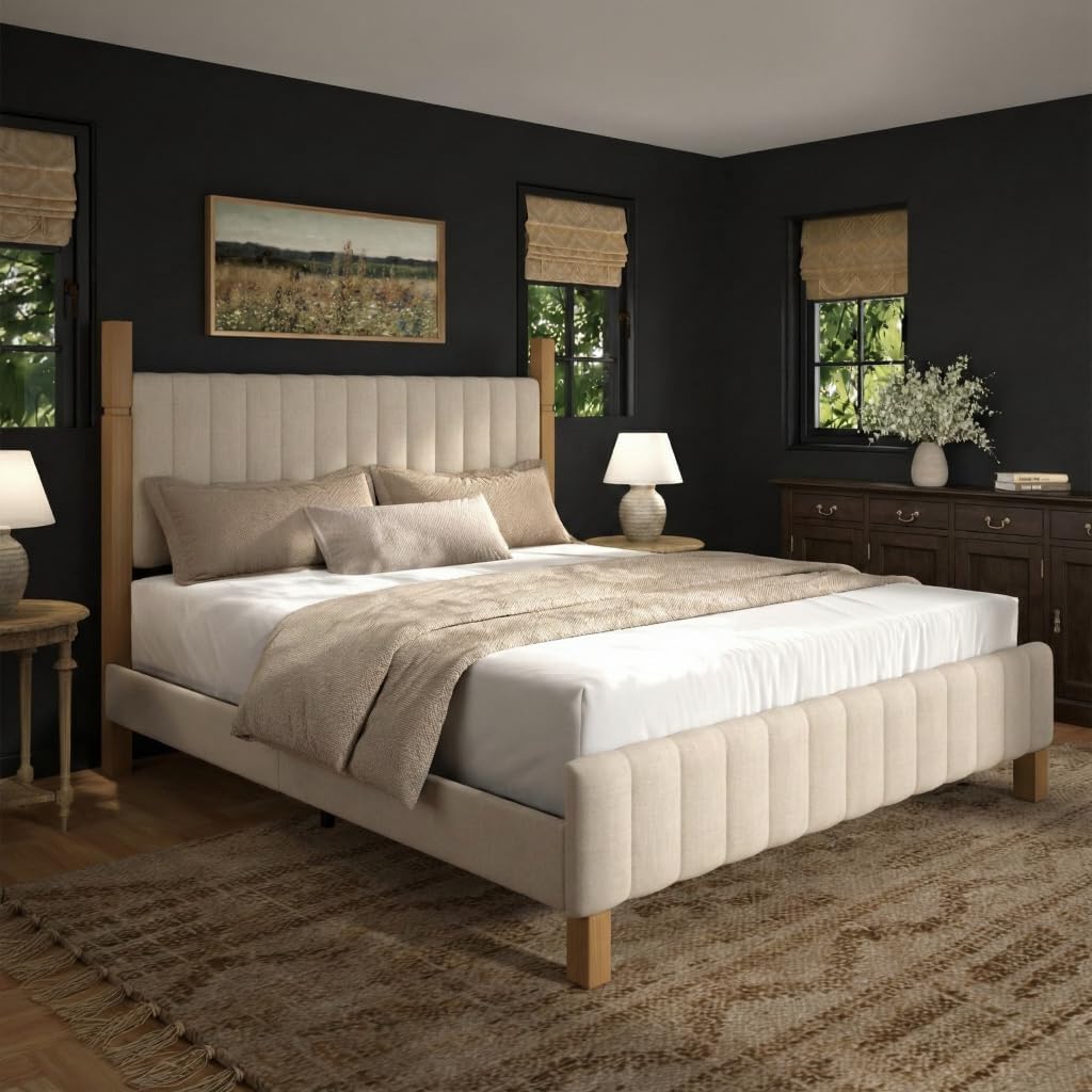 Queen Bed Frame with Headboard, Solid Wood Bed Frame Queen, Platform Bedframe Noise Free, No Box Spring Needed, Beige