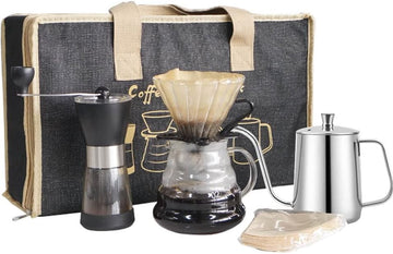 Pour Over Coffee Maker Set, Manual Coffee Kit with 600ml Gooseneck Kettle, Filter Holder, Glass Server & Paper