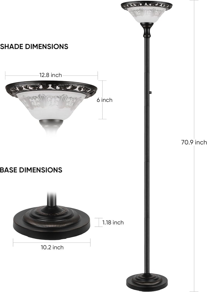 Torchiere Floor Lamps, 71" Tall Standing Lamp with Thick Glass Shade, Metal Pole & Heavy Base