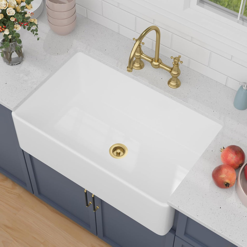 White Farmhouse Sink 33x20 Inch | 33x20x10 In White Farmhouse Sink Fireclay Farm Style Apron Front Kitchen Sink Large