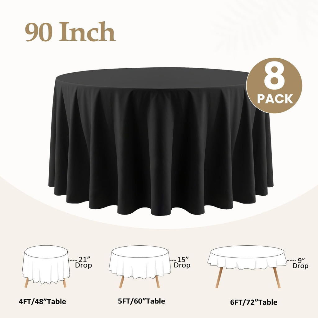 90 Inch Black Round Tablecloths for 36"-72" Table, 8 Pack