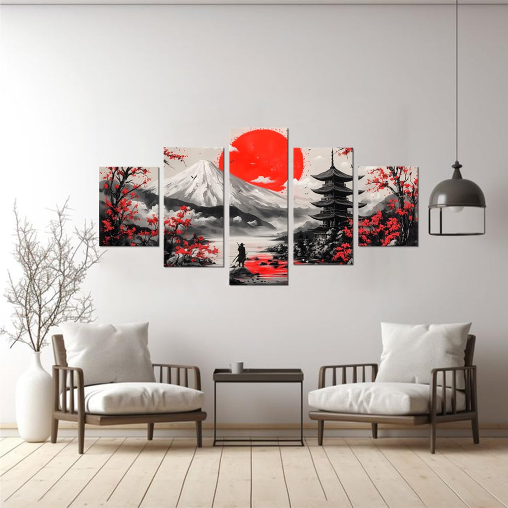 Japanese Samurai Wall Art Red Sun Cherry Blossom Mount Fuji Theme Pictures Wall Decor Prints Paintings Bedroom Office