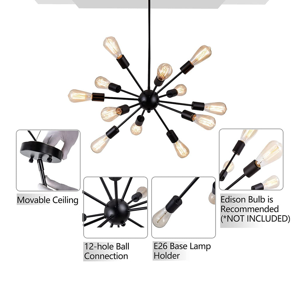 12-Light Black Farmhouse Sputnik Chandeliers Light Fixture