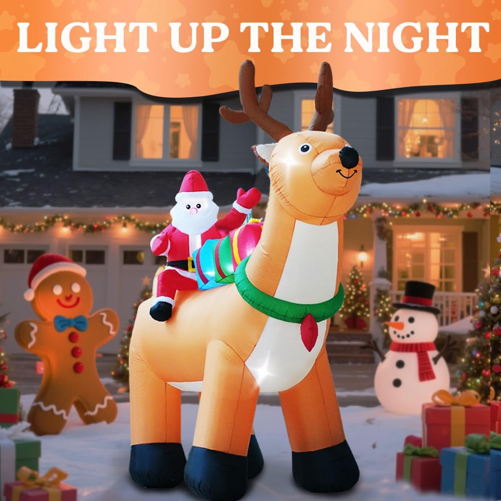 10FT Christmas Inflatables Reindeer and Santa Claus Outdoor Decorations, Christmas Blow Up Yard Decorations with