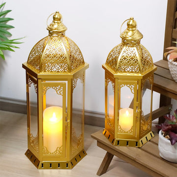 Set of 2 Gold Metal Lanterns, Vintage Candle Holders
