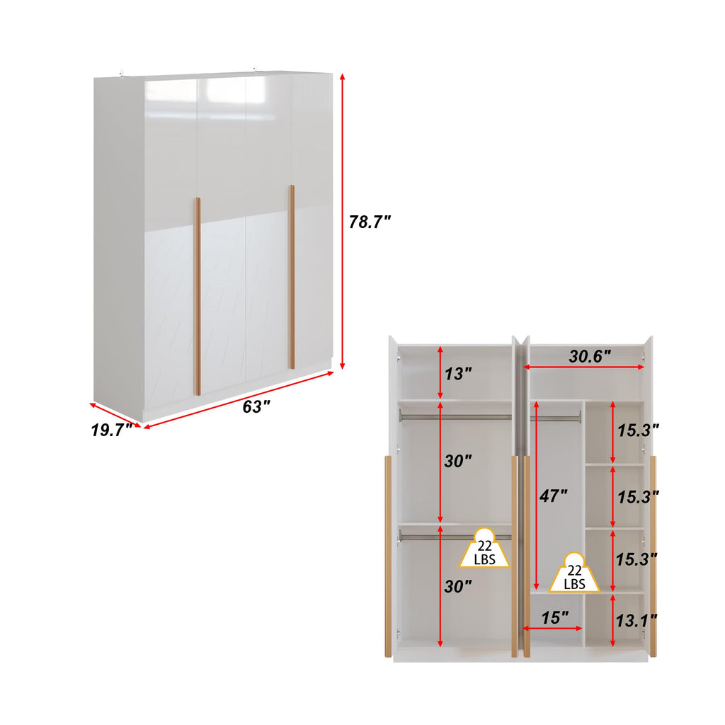 63" W Wardrobe Closet Armoire with 4 Glossy Doors, Wooden Bedroom Clothing Storage Cabinet with 3 Hanging Rods & 10