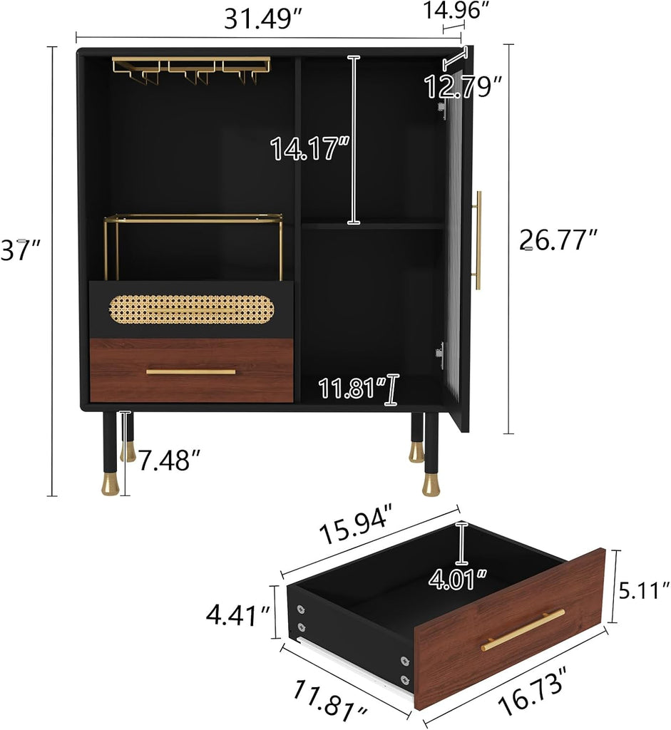 Modern Coffee Bar Cabinet with Pull-Out Wine Storage, Black | Bar Cart with Wine Glass Rack and Drawers, Liquor