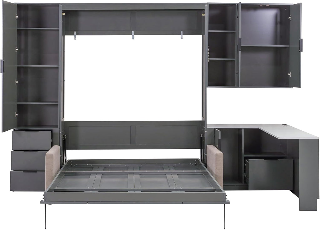 Queen Wood Murphy Bed with Upholstered Sofa & Desk, Multifunctional Foldable Wall Platform Bed w/USB Charging Station