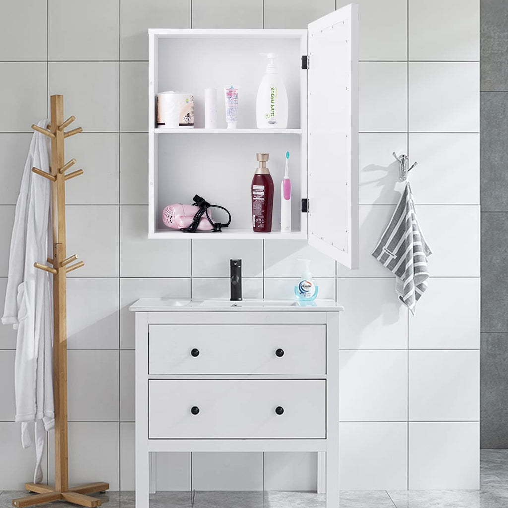 Mirrored Bathroom Cabinet, Wall Mount Storage Cabinet with Single Doors, Hanging Medicine Cabinet (White)