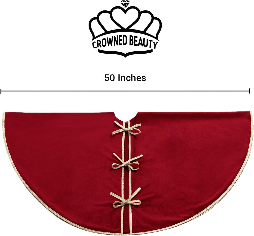 50 Inch Red Velvet Christmas Tree Skirt, Tree Embroidery
