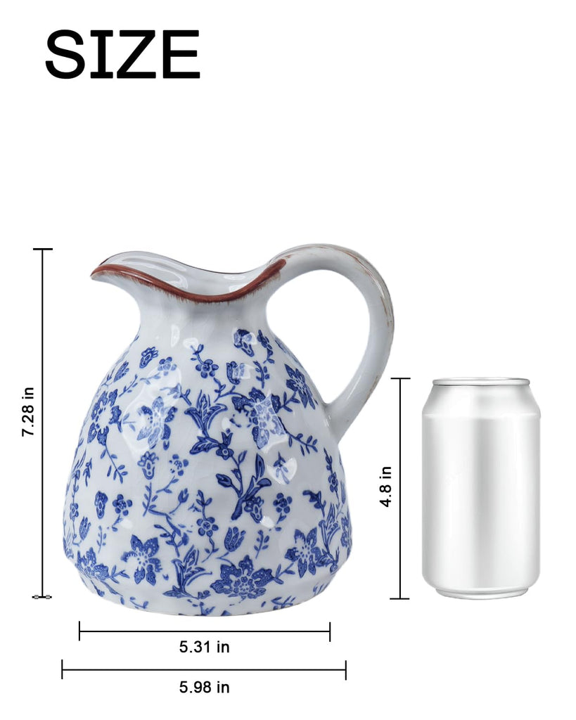 Blue and White Ceramic Vase, 7.28 Inch Crackle Glaze Pitcher with Handle