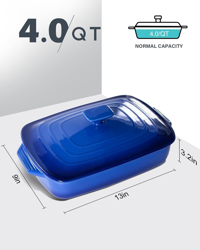 Large Ceramic Casserole Dish with Lid, 4 QT Baking Dish, Blue