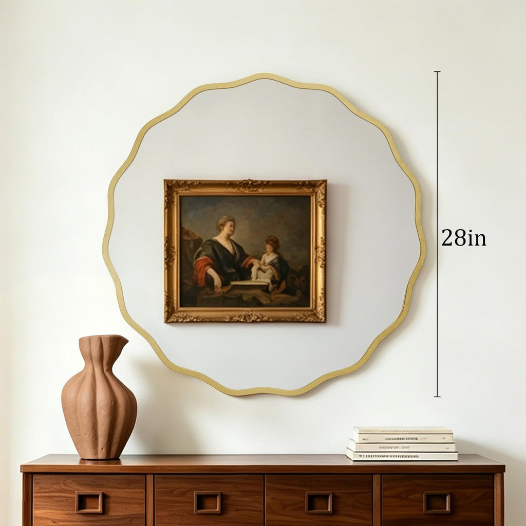 28" Wavy Round Wall Mirror, Gold Scalloped Circle Mirror Edge Round with Metal Frame, Modern Decorative