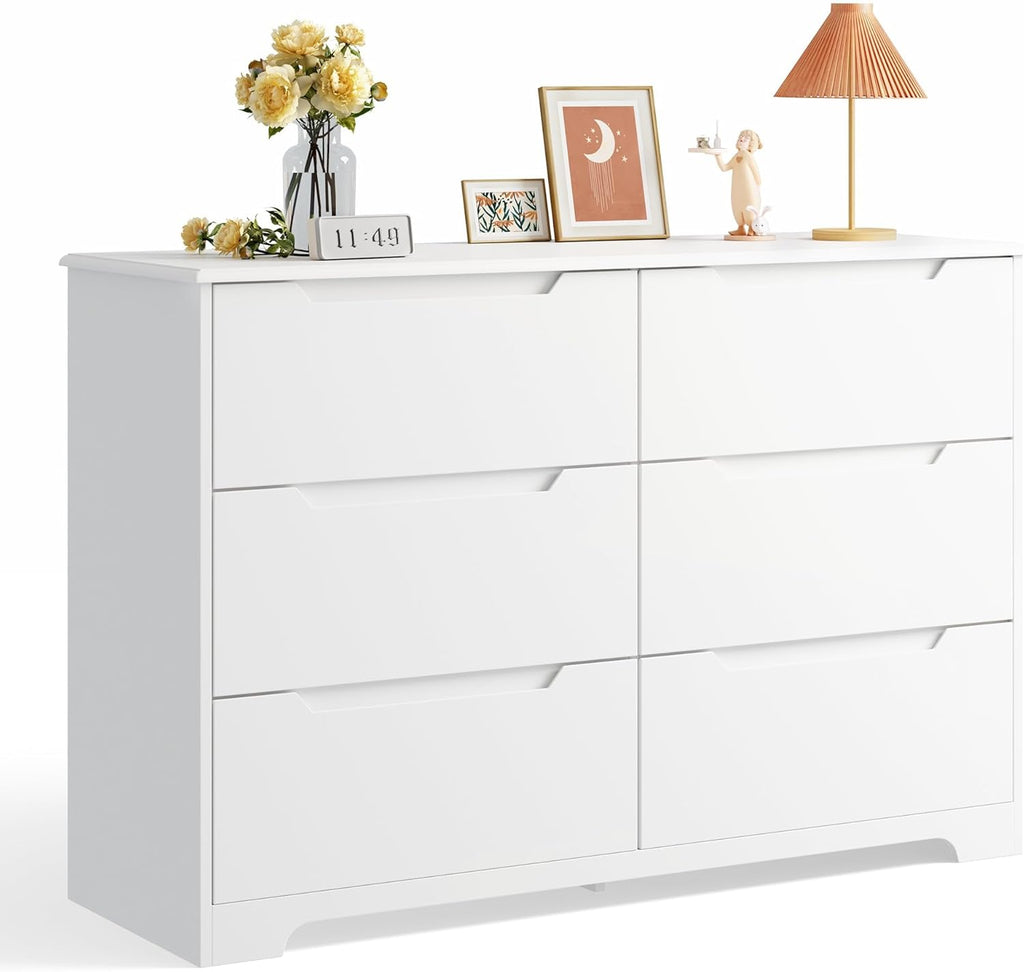 6 Drawer Double Dresser with Anti-Tip Design, White | Modern Wide Wooden Chest of Drawers with Cut-Out Handles