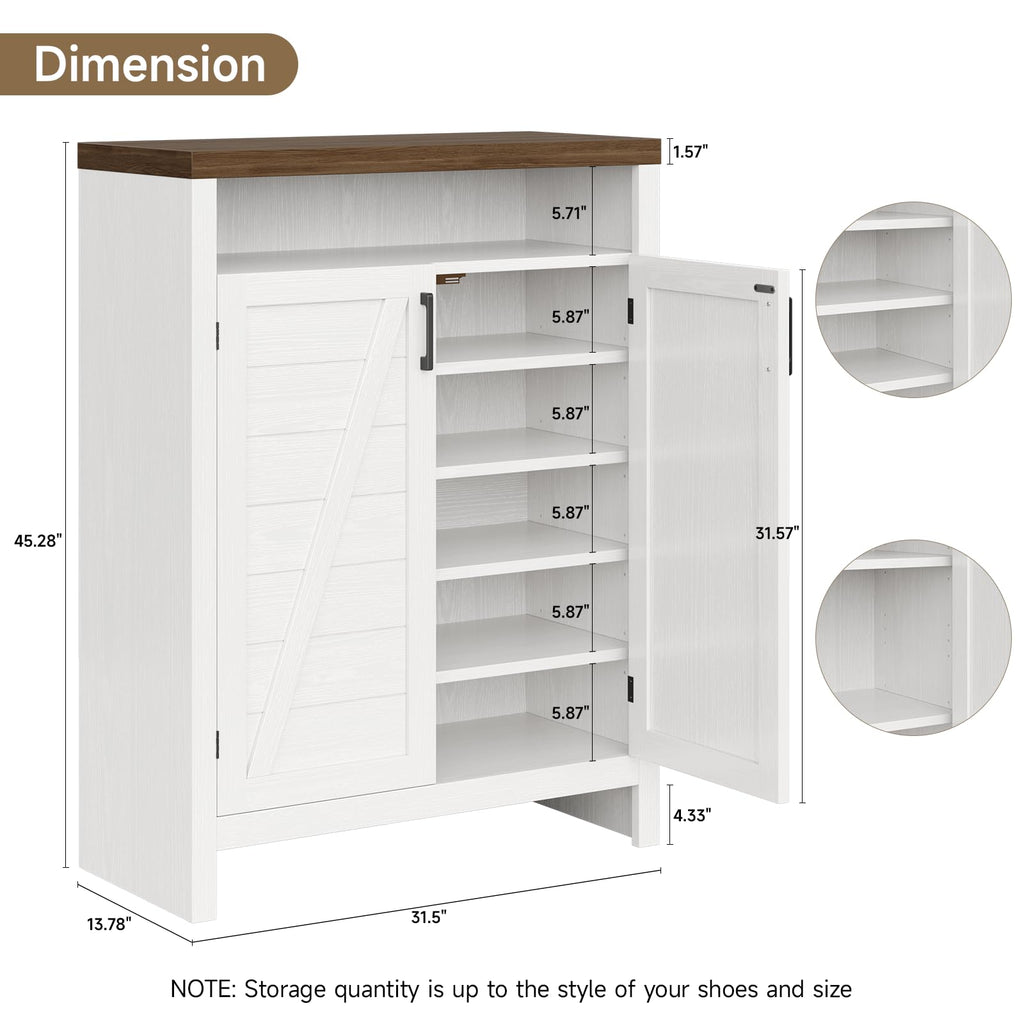 6-Tier Shoe Cabinet with Doors, Farmhouse Shoe Storage Cabinet, White