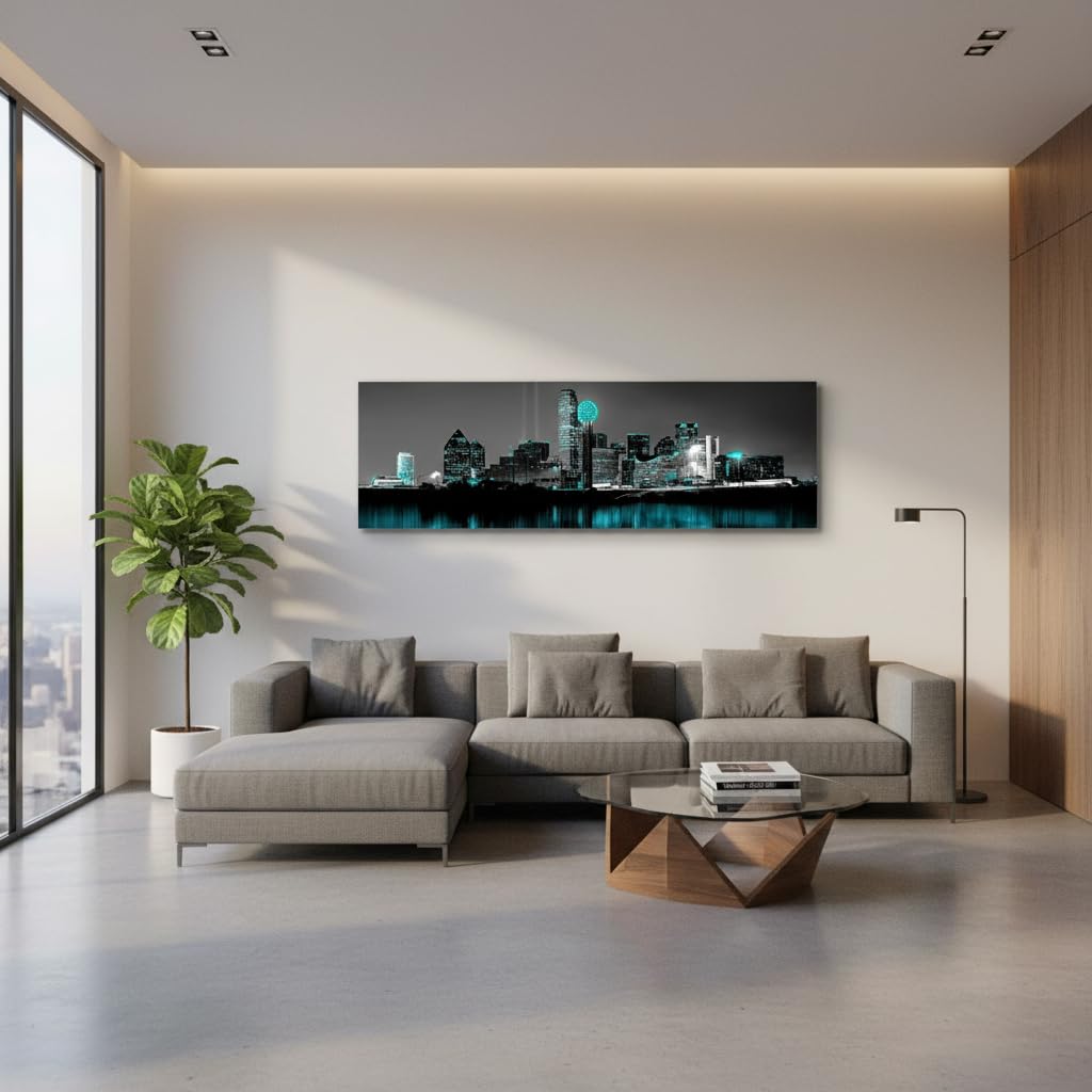 Dallas Texas Skyline Canvas Wall, Black White City Decor, 14x48 inch
