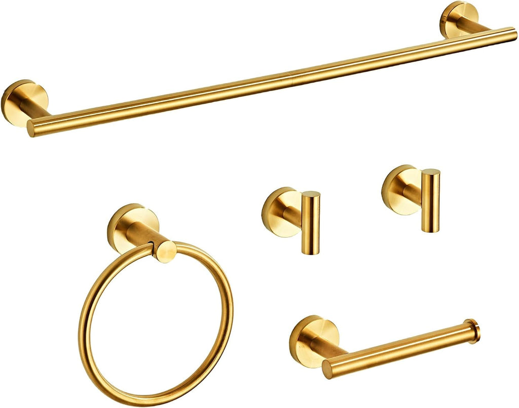 Brushed Gold Bathroom Hardware Set 5 Piece with Towel Racks , SUS304 Stainless Steel Bath Towel Bar Set, 24 Inch Wall