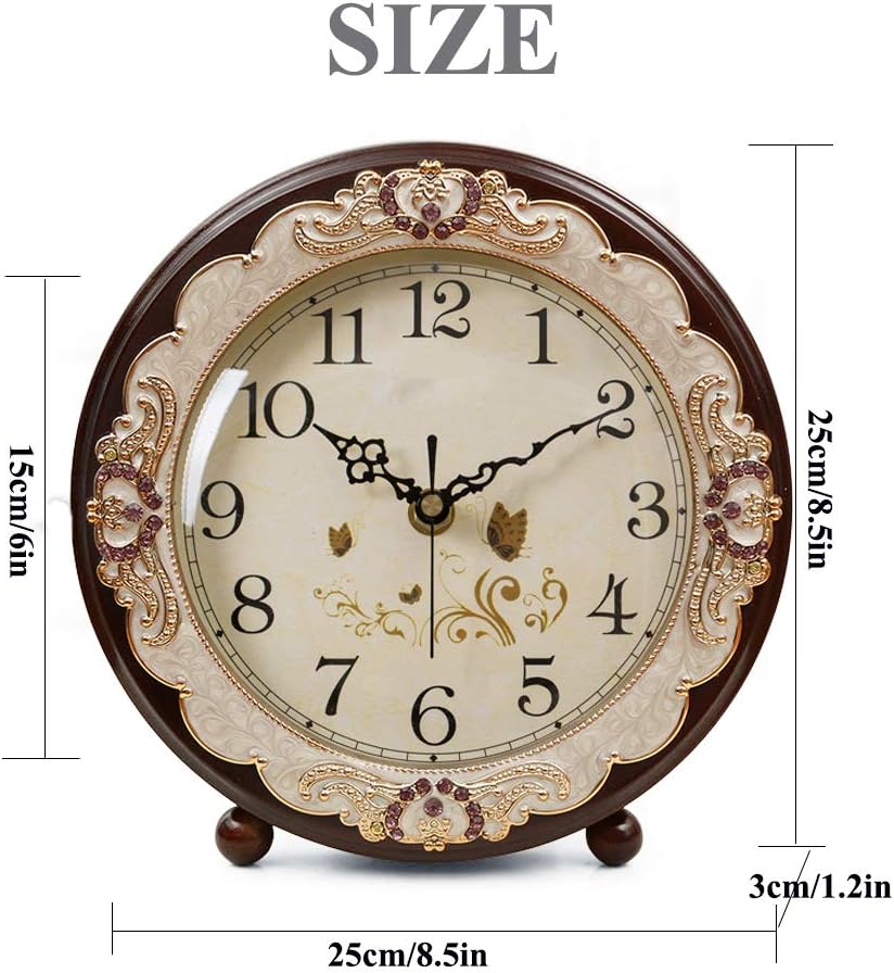 Justup Vintage Table Clock, Retro Non-Ticking European Style Beside Desk Clock Battery Operated Silent Quartz Movement